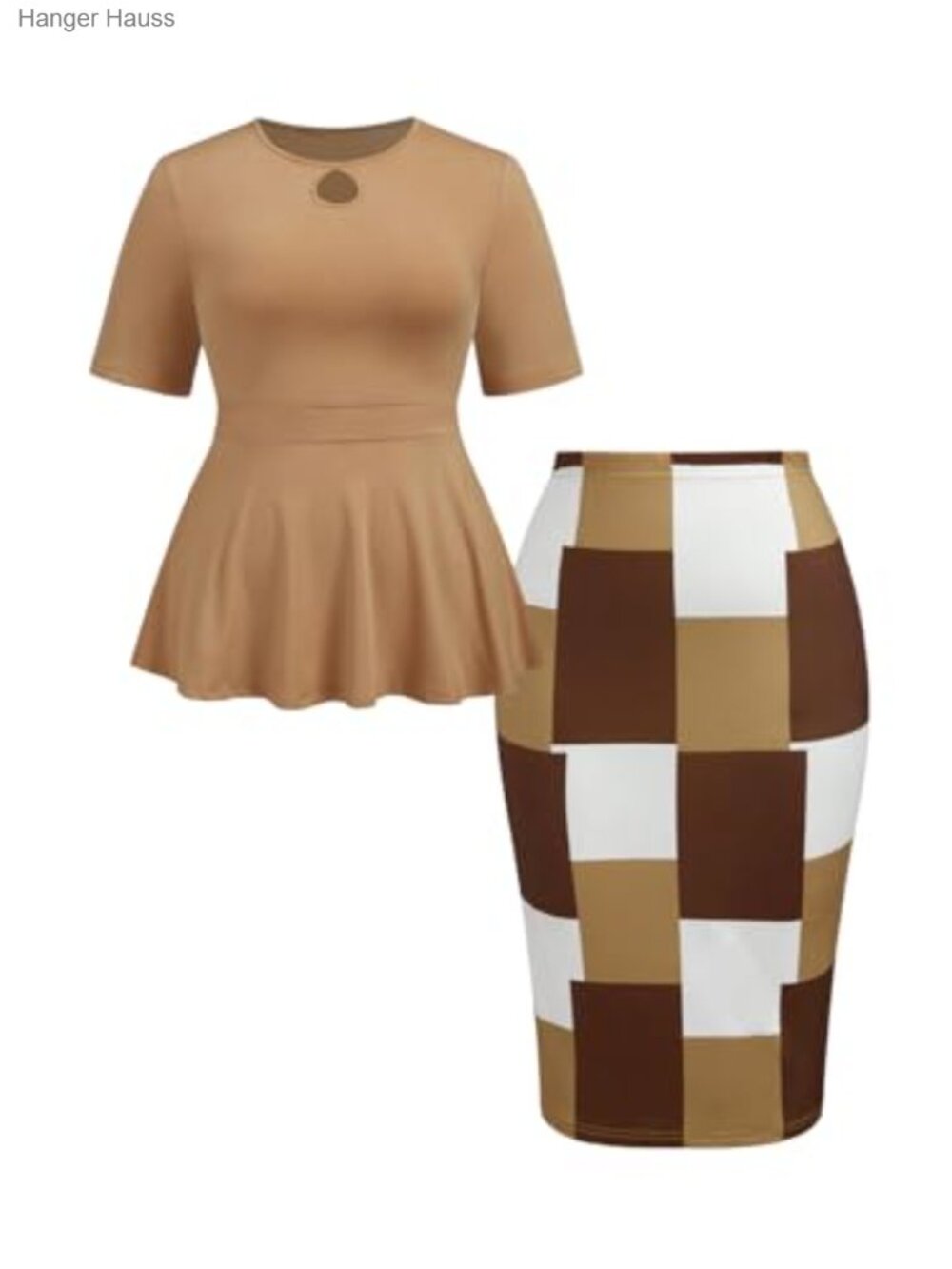Plus Size Peplum Top & Plaid Midi Skirt Two Piece Business Set
